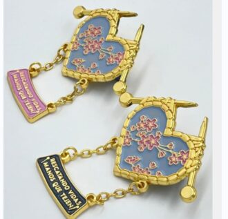 Customizable Heart & Cherry Blossom Enamel Pin with Chain | Personalized “Rescuing Lives, Hands That Weave” Badge for Charity, Craft Initiatives & Branding